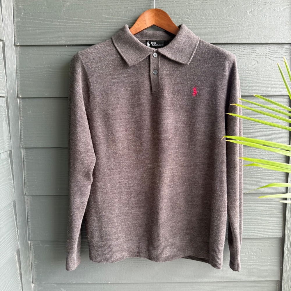 Polo Ralph Lauren Mens 100% Cashmere Long Sleeve Polo Sweater Brown Large L Pony